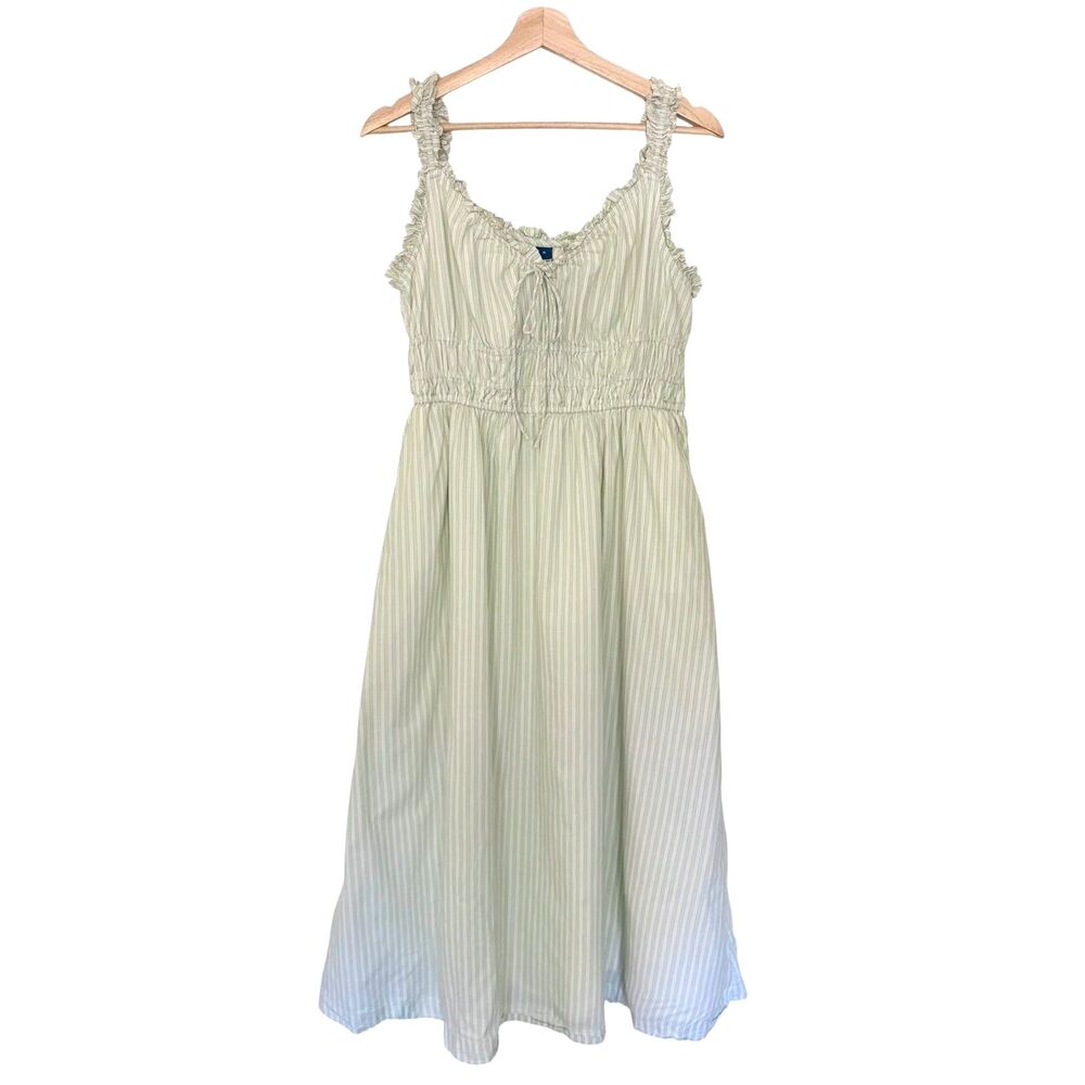 Old Navy Women's Green White Striped Cotton Midi Dress M Smocked Waist